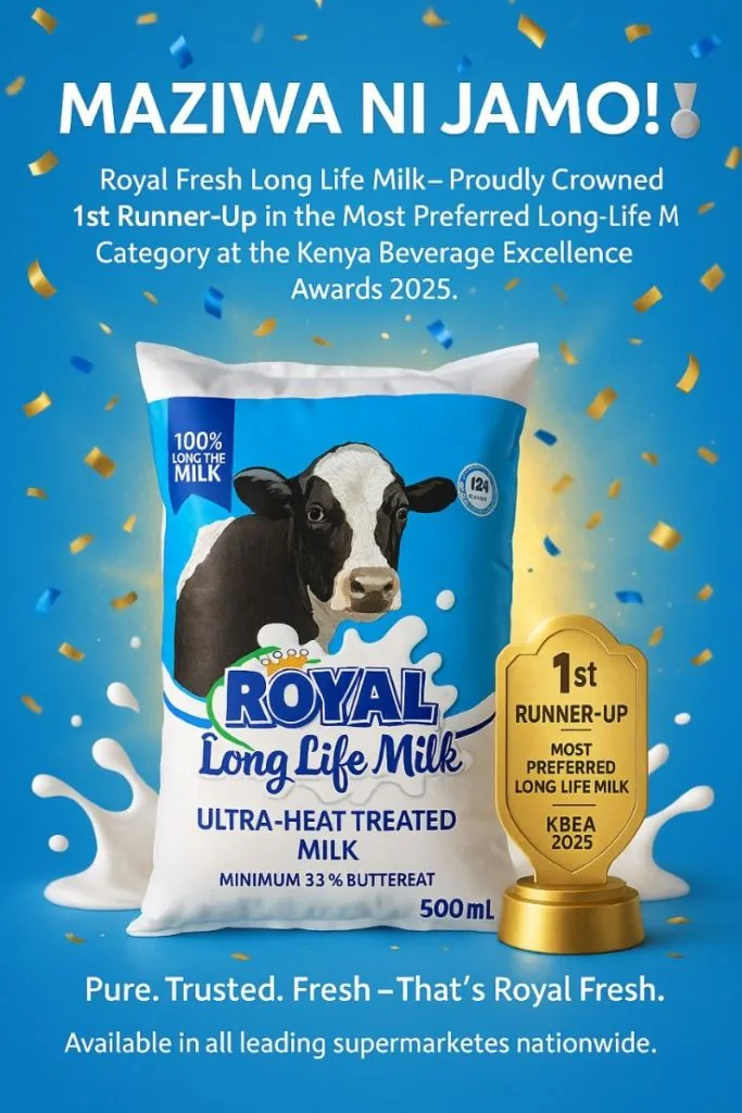Royal Long Life Milk packaging with award display